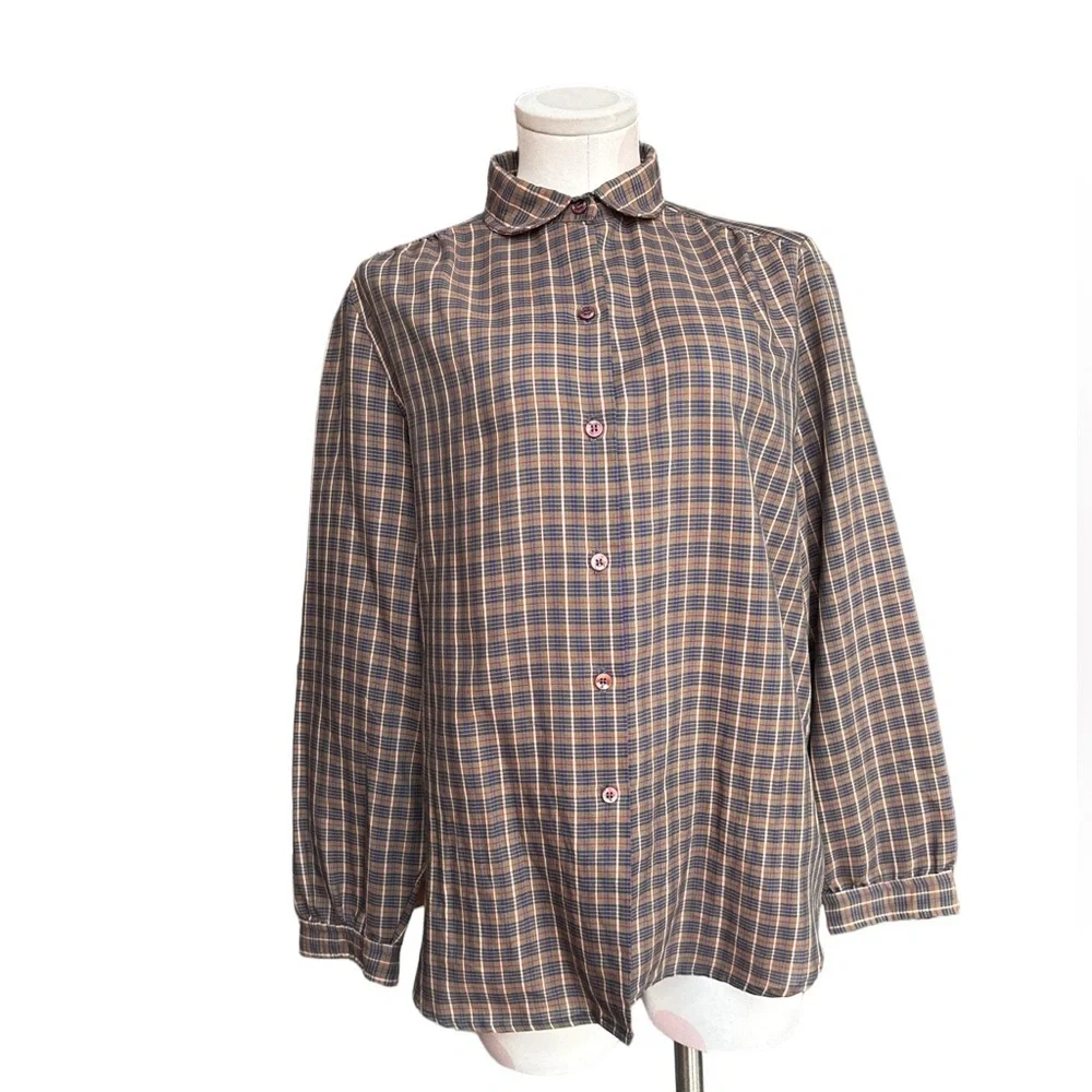 Vintage 1960s/70s Plaid Button-Up Blouse – Brown/Blue - medium - Picture 2 of 6